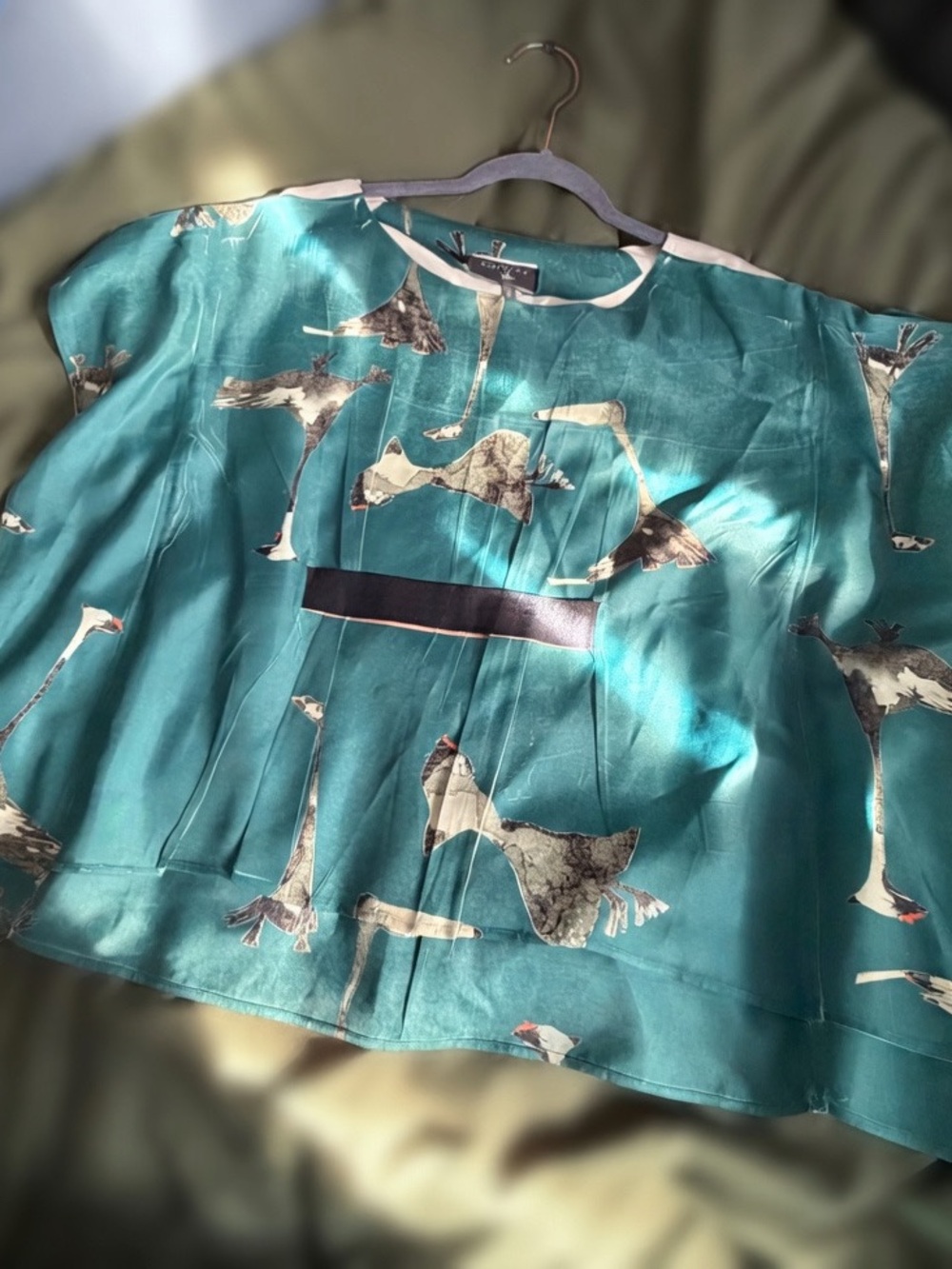 Cotelac Teal Goose-Print Blouse with Contrast Waist Panel